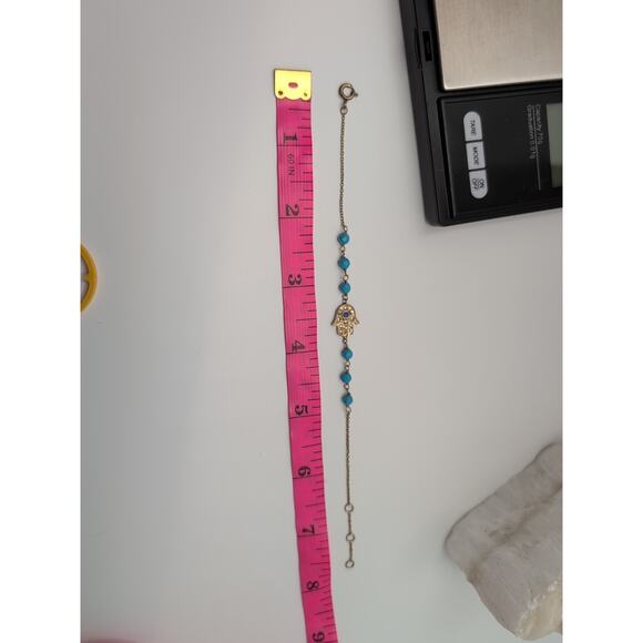 925 Vtg Hamas Hand Of Fatimata Evil Eye Blue beveled Beads Goldtone bracelet - Picture 11 of 11